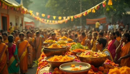 Celebration of festival with vibrant food offerings and traditional attire in a bustling village market during daytime Generative AI