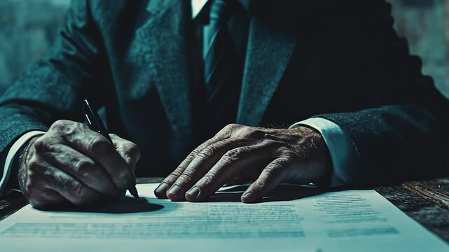 Close-up of weathered hands in a dark suit signing documents