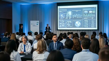 A presenter addressing a seated audience during a conference, showing data on a screen. - Powered by Adobe