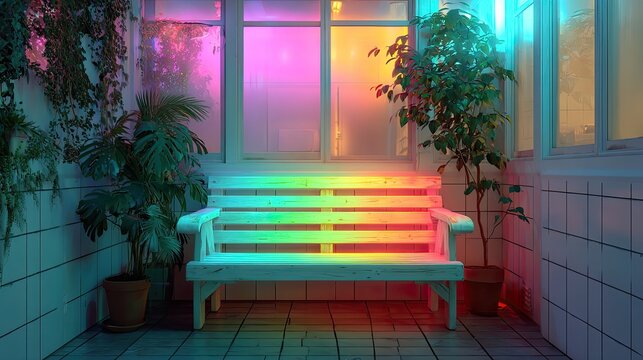 Neon wooden bench in study area casting vibrant glow suitable for modern interiors, youth lifestyle, or digital art