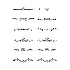 Obraz premium Gold text dividers doodle set. Wedding decorative elements. Divider ornament, borders, floral, vintage line separators. Hand drawn vector illustration isolated on white background. Set page dividers. 