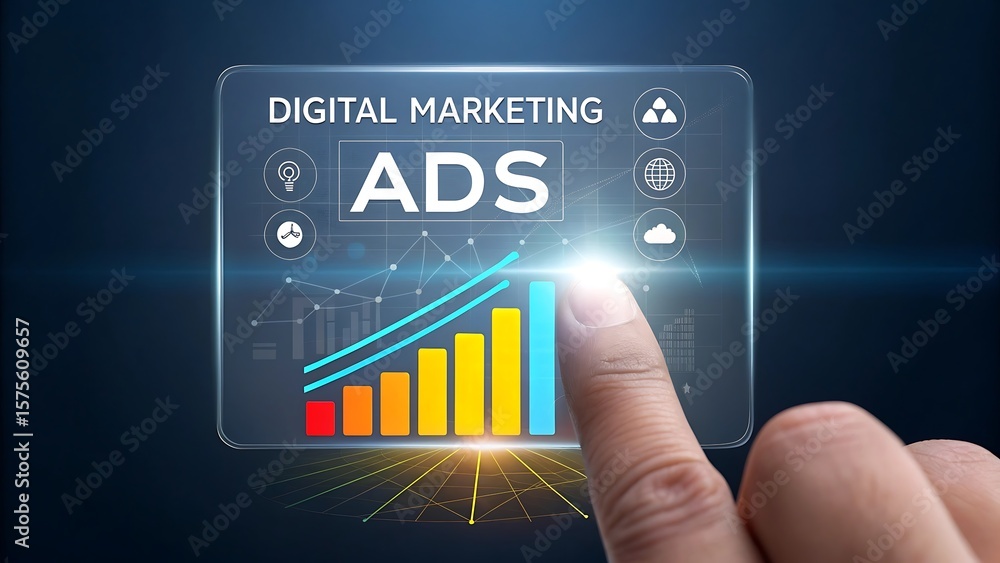 Poster finger interacting with a digital marketing ads interface displaying a rising bar graph and various 
