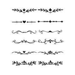 Obraz premium Gold text dividers doodle set. Wedding decorative elements. Divider ornament, borders, floral, vintage line separators. Hand drawn vector illustration isolated on white background. Set page dividers. 