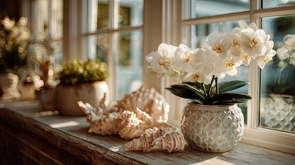 Orchid and seashells on sunny windowsill representing coastal elegance, floral decor, and peaceful natural styling