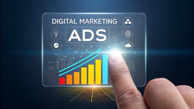Finger interacting with a digital marketing ads interface displaying a rising bar graph and various business icons on a futuristic screen