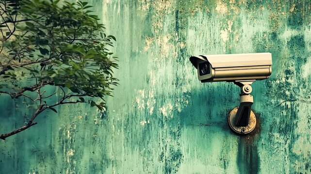 Security camera on a weathered teal wall with a leafy tree