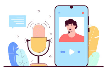 Podcast Recording Setup with Microphone Smartphone and Chat Bubble for Online Communication and Content Creation