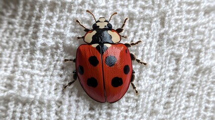 Closeup Detailed Red Ladybug Insect on White Textile