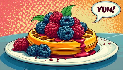 Delicious golden waffle topped with fresh raspberries and blueberries served with a berry sauce on a vibrant background Generative AI