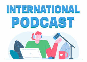 International Podcast Illustration A Person Recording with a Microphone and Laptop Surrounded by Foliage person
