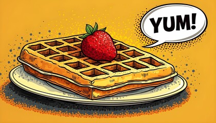 Delicious waffle with strawberry topping served on a plate with a vibrant yellow background expressing delight during breakfast time Generative AI