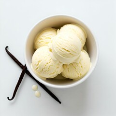 Close-up of vanilla ice cream with vanilla pods in a white bowl. Ideal image for illustrating natural dessert ingredients, summer snacks, and gourmet food styling