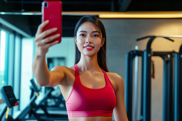 Fit Woman Taking Selfie in Gym