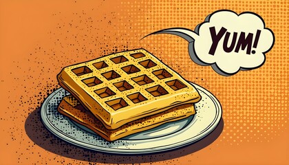 Delicious waffle on a plate with a speech bubble expressing yum in a playful style Generative AI