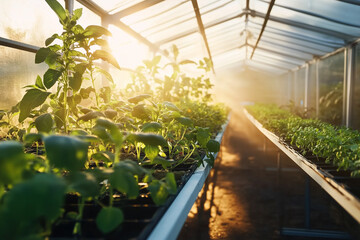 Young plants growing in modern greenhouse
