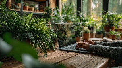 Obraz premium Person working on laptop indoors with green plants, cozy workspace, home office greenery, modern lifestyle