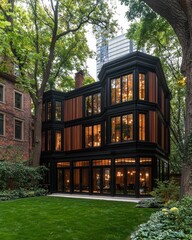 A modern, multi-story glass and wood house surrounded by lush greenery and tall trees in an urban setting.