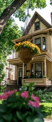 A charming Victorian house with yellow siding, surrounded by lush greenery and vibrant flowers, featuring a large hanging basket of orange blooms under a tree.
