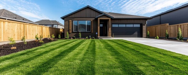 A modern single-story house with a well-maintained, striped green lawn, wooden fencing, and a clear blue sky background.