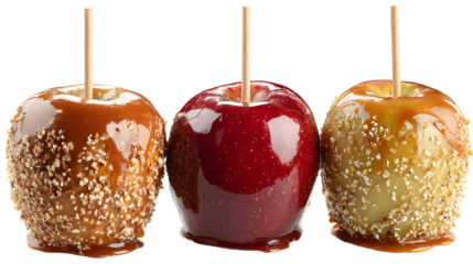 Three caramel apples isolated on a white background