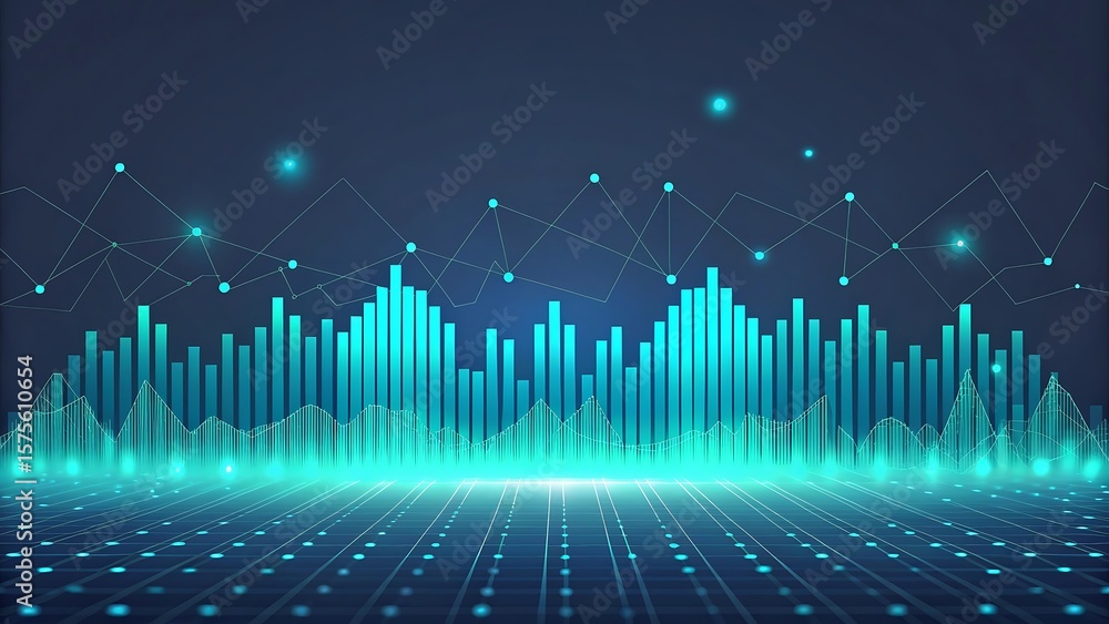 Poster futuristic digital data visualization with glowing blue bar charts and network lines on a dark backg
