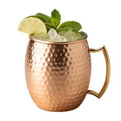 Moscow mule cocktail in a hammered copper mug with lime and mint isolated on transparent background