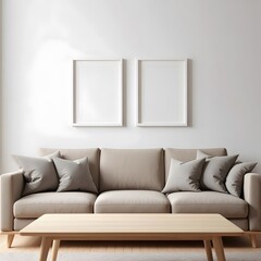 Minimalist living room featuring a plush beige sofa with grey accent pillows and two empty white frames on a white wall