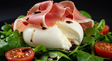 Fresh burrata with prosciutto and cherry tomatoes on spinach garnished with balsamic glaze - gourmet salad concept