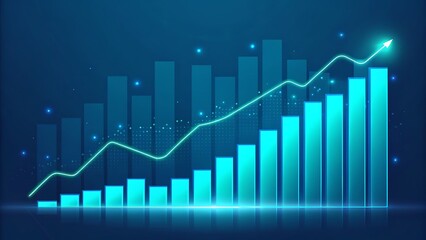 Glowing neon green arrow graph showing upward trend over blue bar chart with digital particles on dark background