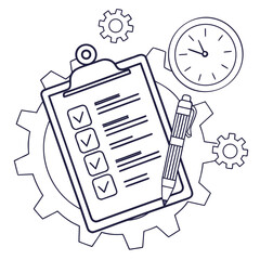 Fototapeta premium A clipboard checklist with a pen inside a gear, isolated on white background