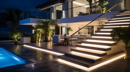 Fototapeta premium Nighttime view from a veranda into a softly lit villa with ambient LED strips, open staircase, contemporary cream furnishings, and glossy black flooring .