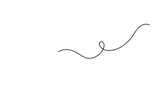 Scribbly stroke one line art animation, hand drawn wavy curly dividing element continuous drawing contour motion. Twiddle swirl separator curve strip with volutes and tendril outline video. 4k