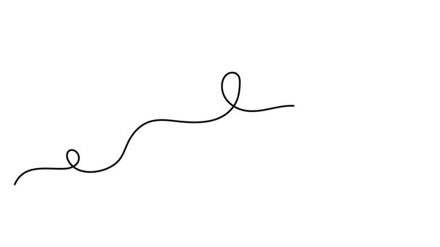 Scribbly stroke one line art animation, hand drawn wavy curly dividing element continuous drawing contour motion. Twiddle swirl separator curve strip with volutes and tendril outline video. 4k