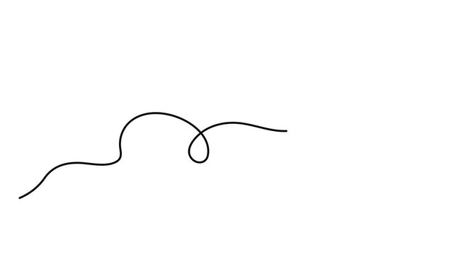 Scribbly stroke one line art animation, hand drawn wavy curly dividing element continuous drawing contour motion. Twiddle swirl separator curve strip with volutes and tendril outline video. 4k