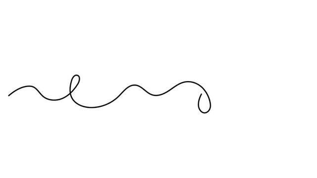 Scribbly stroke one line art animation, hand drawn wavy curly dividing element continuous drawing contour motion. Twiddle swirl separator curve strip with volutes and tendril outline video. 4k