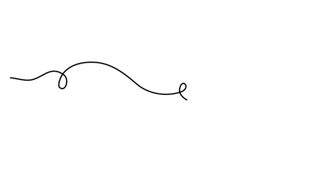 Scribbly stroke one line art animation, hand drawn wavy curly dividing element continuous drawing contour motion. Twiddle swirl separator curve strip with volutes and tendril outline video. 4k