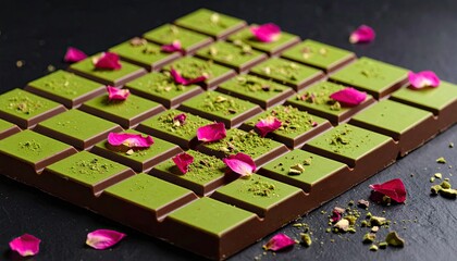 Fototapeta premium Dark and green chocolate bar with rose petals