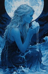 the goddess Water holding an ice cube, with a moon in the background