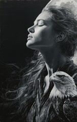 ethereal woman with long, flowing hair blowing on the moon with an eagle