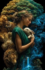 green woman with long hair stands next to blue water flowing down from the Tree of Life, surrounded by animals in a forest.