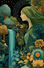 the goddess Mother Earth with green hair, standing in an enchanted forest surrounded by animals and tree