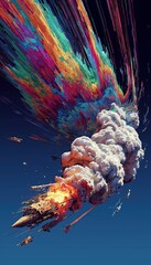 glitch missile exploding mid-flight, pixelated fragments and distorted color trails, digital chaos in a broken sky