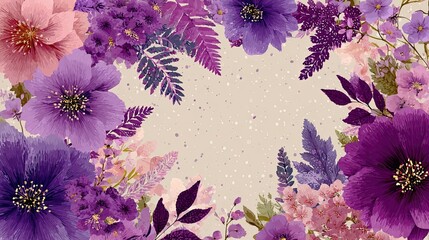 Purple floral frame on soft background for wedding invitations, greeting cards, or feminine decorative designs