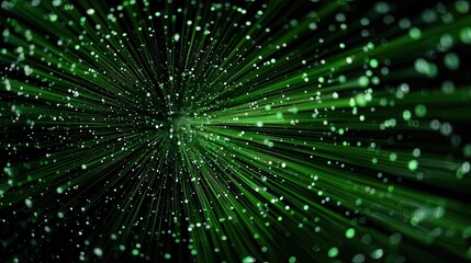 Fototapeta premium Radiating green lines burst from center representing energy, technology, dynamic motion, and abstract design concept