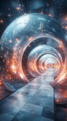 Abstract Tunnel with Glowing Spheres and Tile Floor Perspective