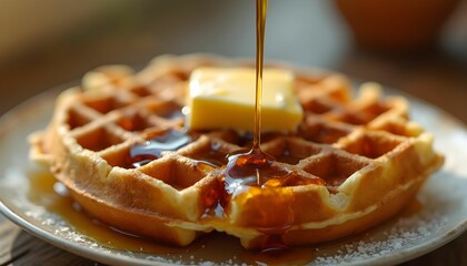 Delicious homemade waffle with melted butter and maple syrup drizzling on top, served on a rustic wooden table in morning light Generative AI