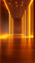 Illuminated Hallway Interior with Glowing Lights and Reflective Floor