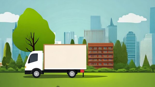 City park scene with a delivery truck