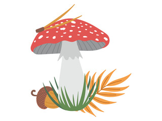 Beautiful red fly agaric amanita mushroom in grass near the acorn, pine needle and falling leaves isolated on white background. Hand drawn vector flat illustration. Poisonous mushroom, autumn icon