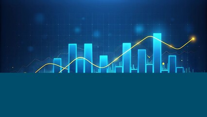 Digital financial graph with rising blue bars and yellow line chart on a dark blue grid background representing growth and success